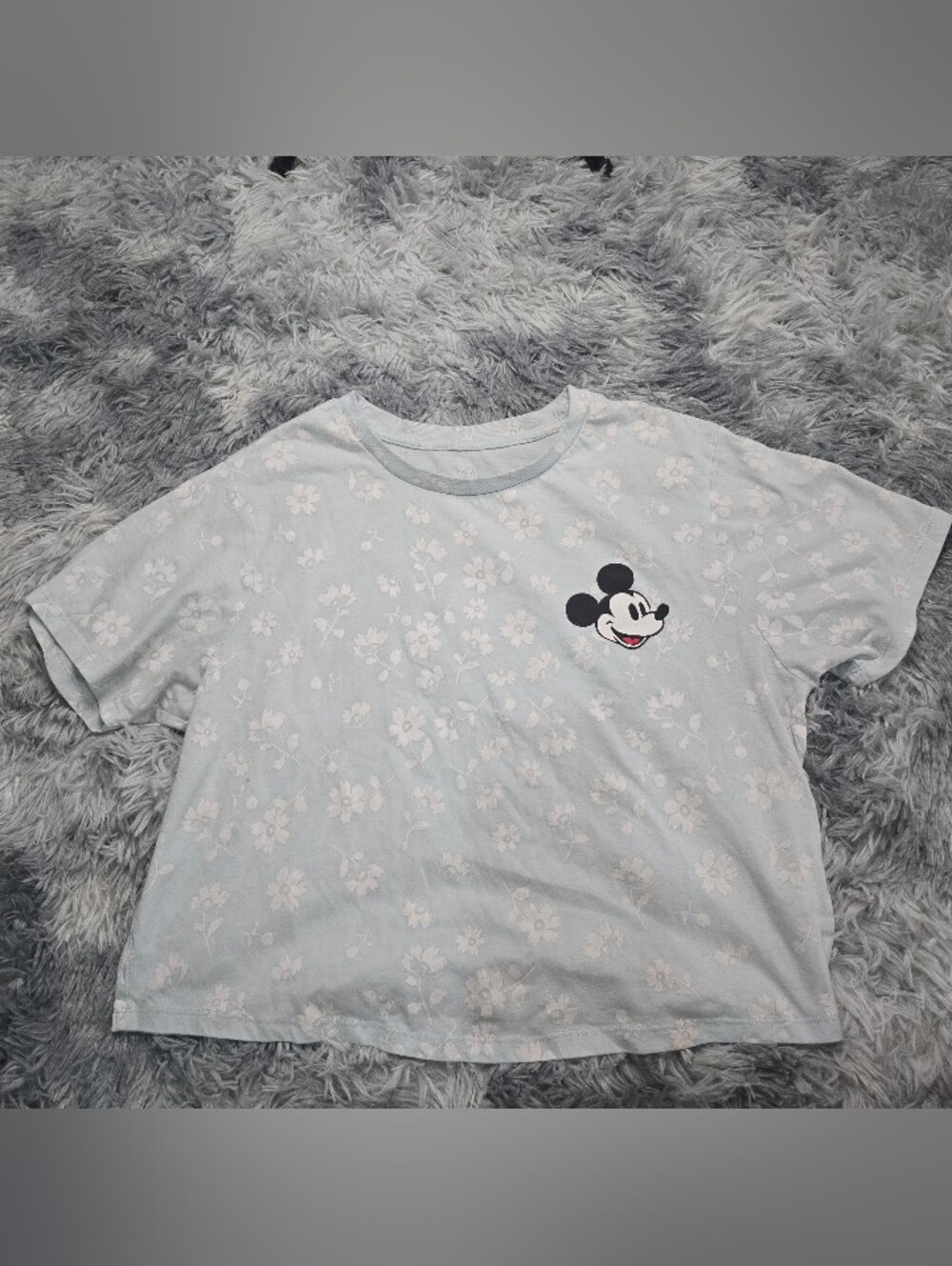 Light Blue Floral Cropped Tee with Mickey, Size XL